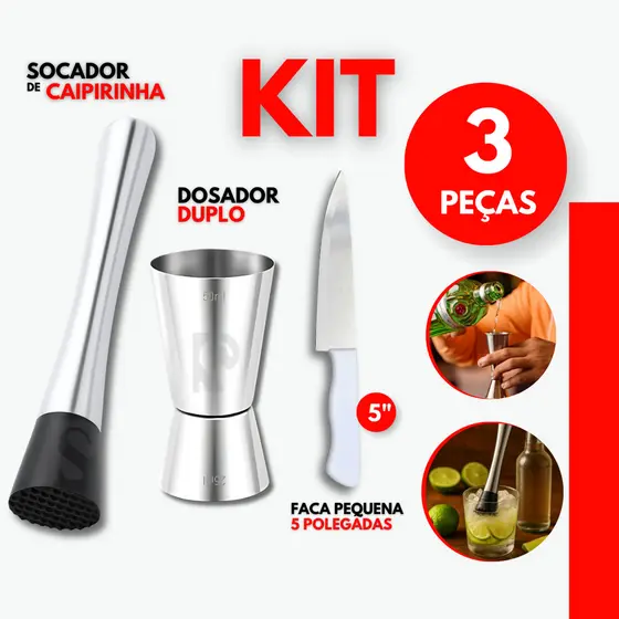 Kit Socador de Caipirinha Dosador e Faca 5" Inox Macerador Drinks Coqueteis Bebidas Bar Restaurante