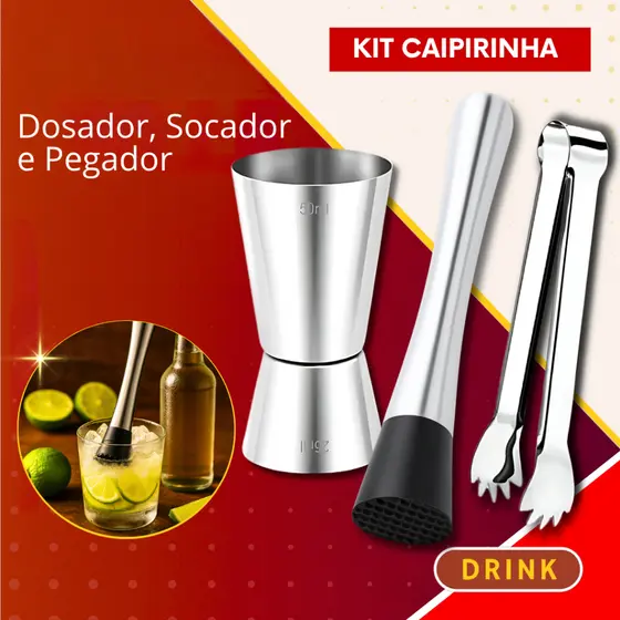 Kit Caipirinha - Socador + Dosador + Pegador Gelo Macerador Drinks Coqueteis Bebidas Bar
