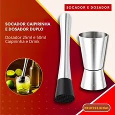 Socador de Caipirinha, Dosador Duplo Inox Macerador Drinks Bebidas Bar Restaurante