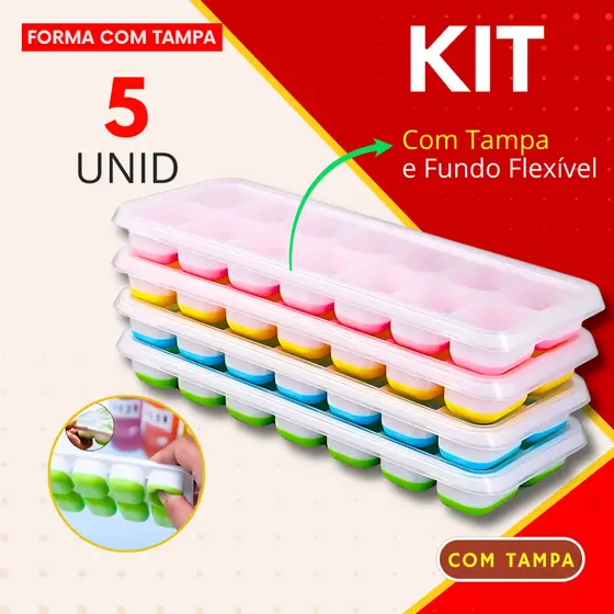 Jogo 5- Formas de Gelo Fundo Flexível de Silicone e Tampa Desenforme com Facilidade Caipirinha Suco