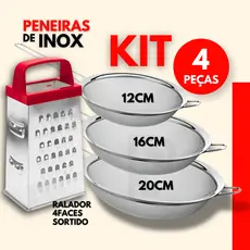 Kit Ralador 4 Faces + Peneira Inox Coador Cozinha Confeitaria Padaria Restaurante Rala Queijo