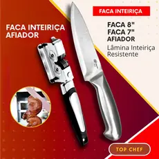 Faca Inox 8" ou Faca 7" Lamina Inteiriça e Afiador para Churrasco Cozinha Restaurante Chef