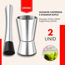 Kit Macerador de Caipirinha e Dosador Duplo Inox Socador Drinks Coqueteis Bebidas Bar Restaurante
