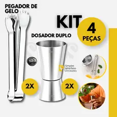 Kit 4 Peças Pegador de Gelo + Dosador Duplo de Drink Aço Inox Bar Drinks Bebidas