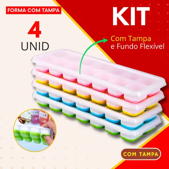 Kit 4 - Forma de Gelo Fundo Flexível de Silicone e Tampa Higiênica Desenforme com Facilidade