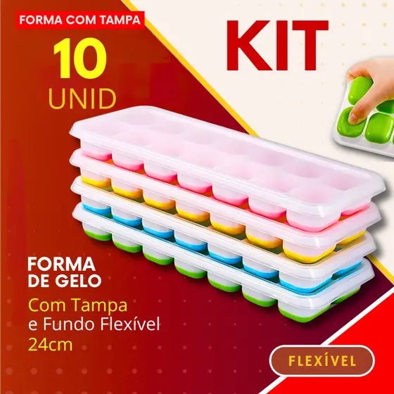 Kit- Forma de Gelo Fundo Flexível de Silicone e Tampa Desenforme com Facilidade