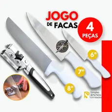 Jogo 4- Peças Faca Inox Peixeira Cabo Branco e Amolador Afiador p/ Cozinha Churrasco Açougue Chefs
