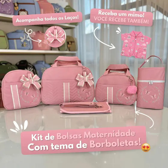 Bolsa para Meninas Enxoval Saída Maternidade Kit Completo com 5 peças com Borboletas