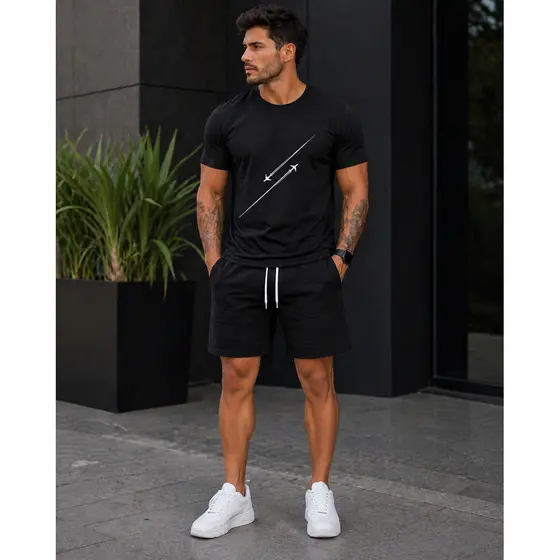 Conjunto Masculino Camiseta Algodão 30.1 + Short Tactel Preto Leve Confortável