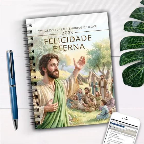 Caderno personalizado Congresso JW 2026 Felicidade Eterna com e sem tema