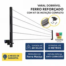 VARAL RETRÁTIL DE PAREDE DOBRÁVEL FERRO REFORÇADO + KIT INSTALAÇAO