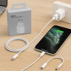 Carregador COMPLETO Celular XR,11,12,13,14 TURBO Fonte 20W  + Cabo Turbo Lightning Tipo C 1m + Adaptador Fone