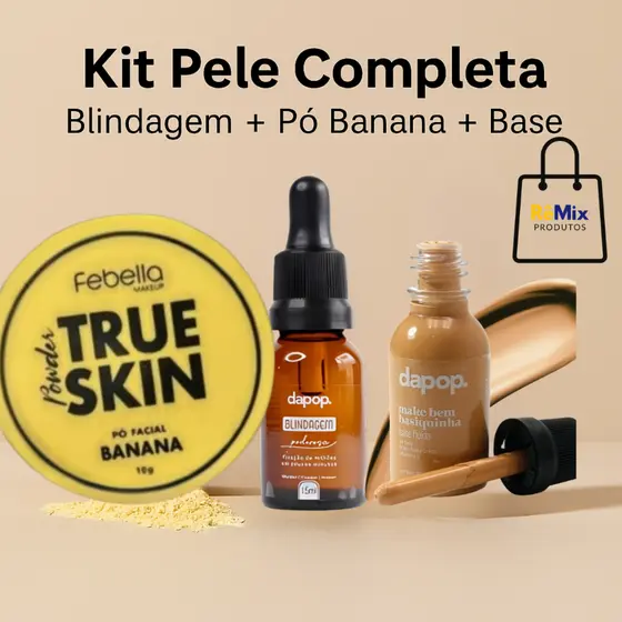 Kit Pele Completa – Base Vegana Dapop + Blindagem Primer Dapop + Pó Banana Febella