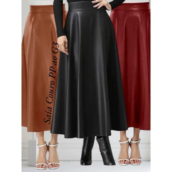Saia Midi longa de Couro gode elegante estilo longuete do PP ao g3