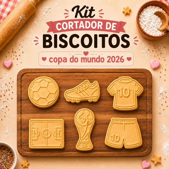 Kit 6 Cortadores e Marcadores Copa do Mundo 2026 Biscoito Pasta Americana Detalhado
