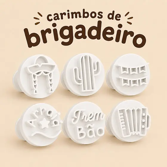 Kit Carimbo para Brigadeiro Doces e Confeitaria Personalizado – Festa Junina Arraiá | com 6 Unidades