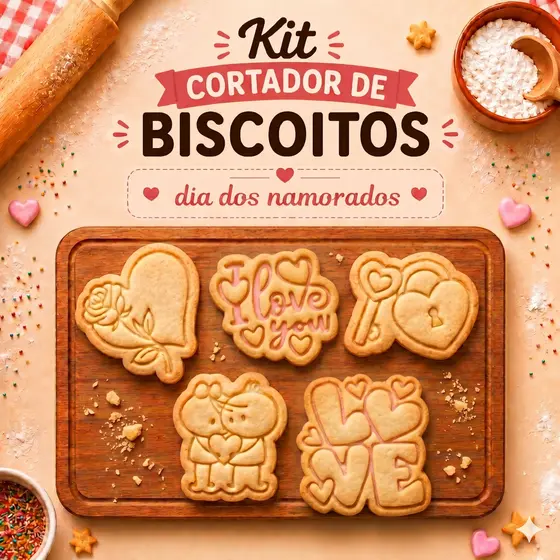 Kit Cortadores de Biscoito Dia dos Namorados Love Casal Coração Rosa 5 Modelos
