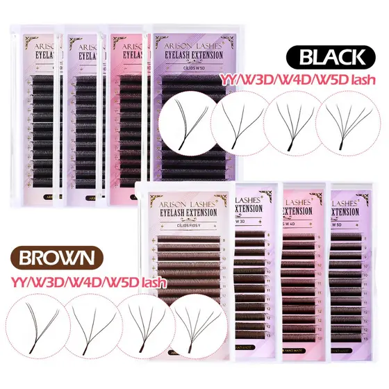 Cílios para Extensão Arison YY/W 3D/4D/5D Preto e Marrom Volume Brasileiro/Egípcio/Russo