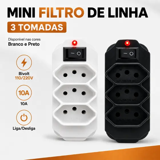 Filtro de Linha Mini 4 Tomadas 10A Benjamin Bivolt 110/220V Adaptador 3 Pinos Com Interruptor