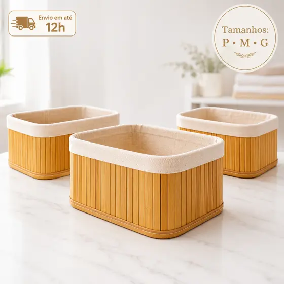 Cesto Organizador de Bambu Multiuso Porta Objetos e Roupas Multiuso