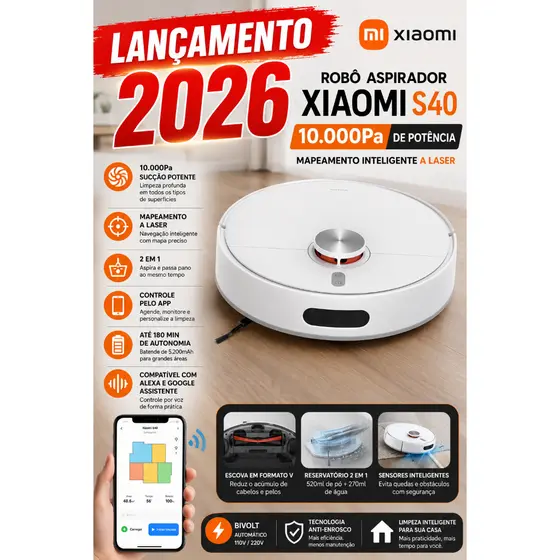 Robô Aspirador Xiaomi S40 | 10000Pa  Mapeamento Inteligente  Bivolt (LEIA O ANÚNCIO)