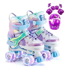 Patins 4 Rodas Infantil Ajustável Arco Íris, Sereia, Dinossauro TODOS c Led nas Rodas e Kit Proteção