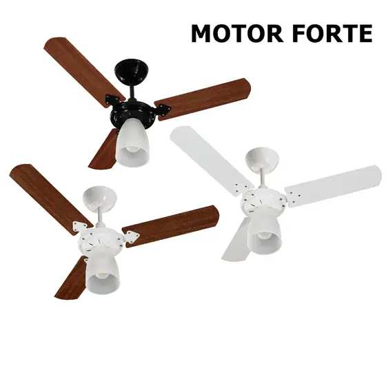 Ventilador Teto MOTOR FORTE Marbella 3 Pas 110v ou 220v cores Branco ou Preto madeira ou Branco mogno TRON