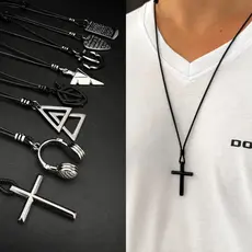 Cordão Ajustável Colar Masculino Feminino Unissex Crucifixo Ponta de Flecha Religioso Fé Couro