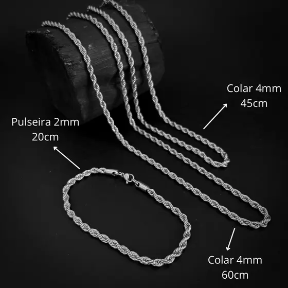 Corrente Pulseira Colar Cordão Masculina Torcida Trançada Aço Inox Prata Polida Brilhante Baiano