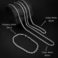 Corrente Pulseira Colar Cordão Masculina Torcida Trançada Aço Inox Prata Polida Brilhante Baiano