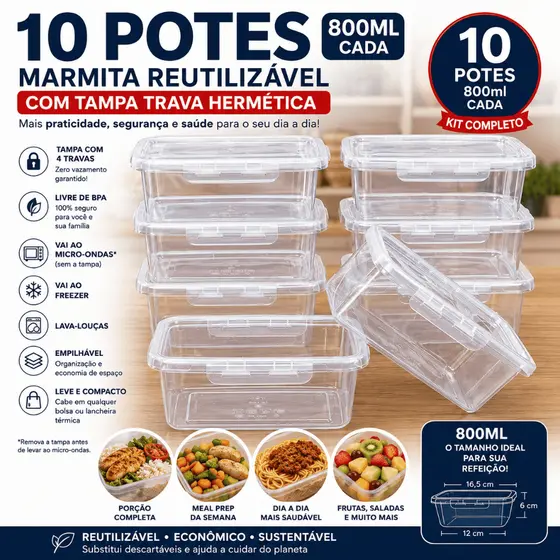 Kit 5, 7 e 10 Marmita 800ml Pote Hermético Tampa 2 Travas BPA Free Fitness Freezer Microondas
