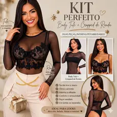 Kit Body de Tule Feminino Manga Longa + Cropped de Renda com Bojo | Moda Blogueira Elegante Sensual Festa Balada