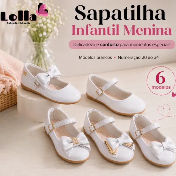 Sapatilha Infantil Menina Branca Confortável Verniz Laço Festa Casamento Batizado 20 ao 34