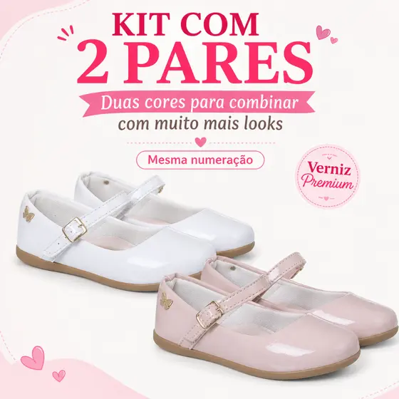 Sapatilha Infantil Menina Verniz Estilo Boneca Kit 2 Pares Feminina Confortável Lisa Blogueirinha
