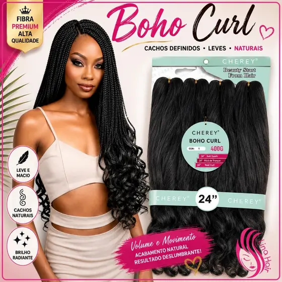 Cabelo Jumbo Boho Curl 400g Trança Gypsy Braid com Cachos Fibra Sintética Premium Sem Frizz Cherey