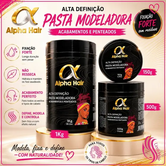 Pasta Modeladora Alpha Hair Fixação Forte Anti-Frizz Acabamento Transparente 150g-1kg p/ Tranças