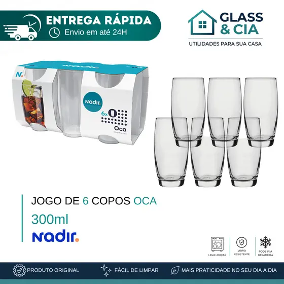 Jogo De Copos De Vidro Com 6 peças 300ml - Oca Nadir Figueiredo