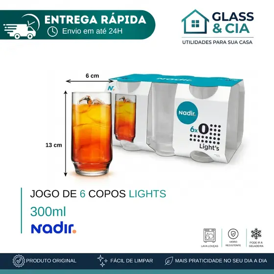 Jogo De Copos De Vidro Com 6 peças 300ml - Light Nadir Figueiredo