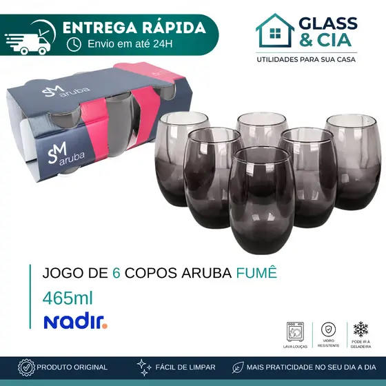 Jogo De Copos De Vidro Com 6 peças Fumê 465ml - Aruba Nadir