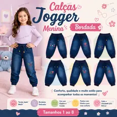 Calça Jeans Infantil Jogger Menina Bordada com Elástico na Cintura