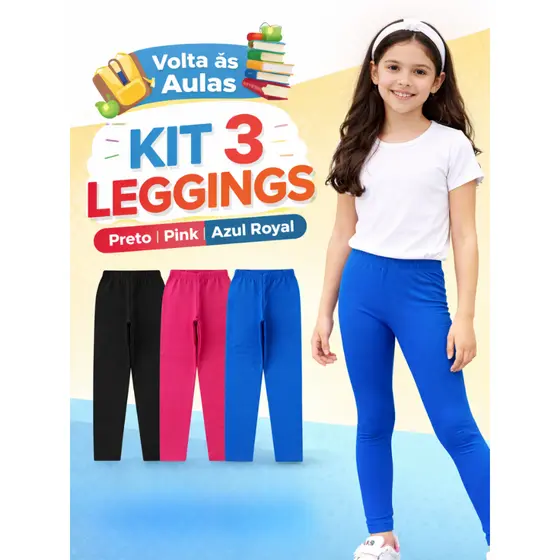 Kit 3 Calça Legging Infantil Menina Algodão Escolar Lisa Volta às Aulas Pink Preto Azul Royal Moderninhos