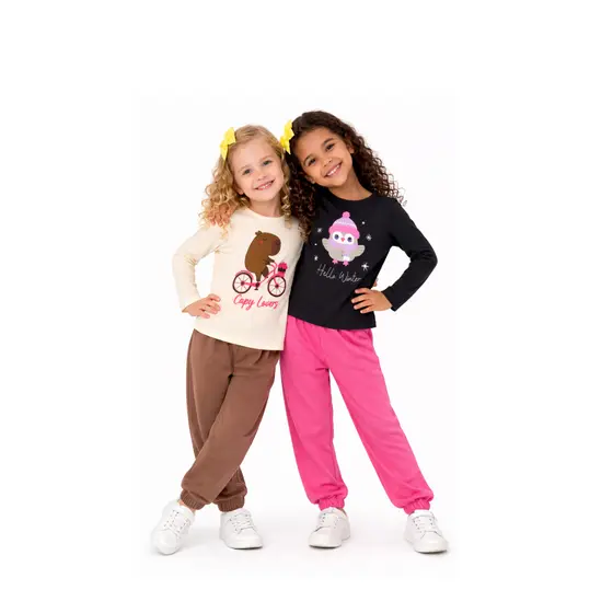 Kit 2 Conjuntos Infantis Menina Inverno Frio Moletom Capivara e Coruja
