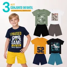 Kit 3 Conjunto Infantil Menino 3 Camisetas + 3 Bermudas Promoção 4 ao 16 Revenda