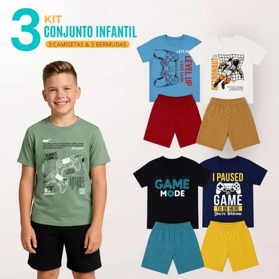 Kit 3 Conjunto Infantil Menino 3 Camisetas + 3 Bermudas 4 ao 16 Juvenil Masculino Camiseta e Bermuda