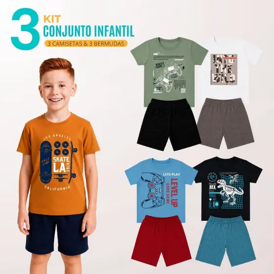 Kit 3 Conjunto Infantil Menino 3 Camisetas + 3 Bermudas 4 ao 16 Juvenil Masculino