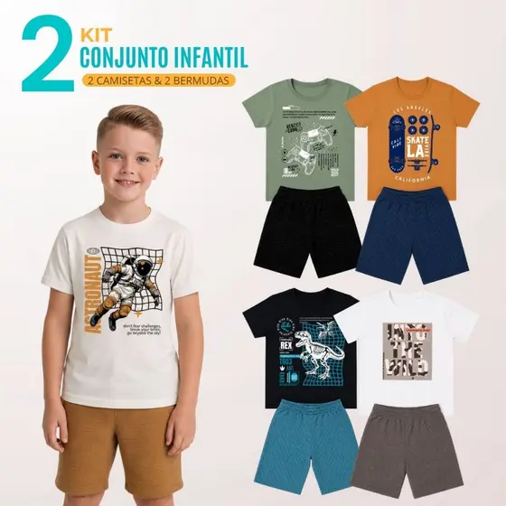 Kit 2 Conjunto Infantil Menino 2 Camisetas + 2 Bermudas