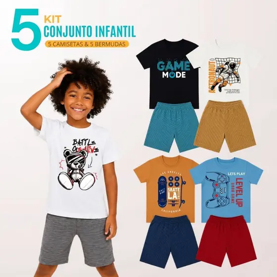 Kit 5 Conjuntos Infantil Menino 5 Camisetas + 5 Bermudas