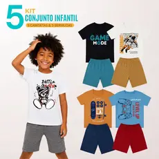 Kit 5 Conjunto Infantil Menino 5 Camisetas + 5 Bermudas 4 ao 16