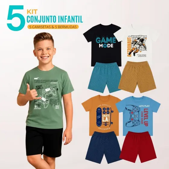 Kit 5 Conjunto Infantil Menino 5 Camisetas + 5 Bermudasl Juvenil Menino 4 ao 16