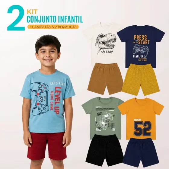 Kit 2 Conjunto Infantil Menino 2 Camisetas + 2 Bermudas Juvenil Masculino 4 ao 16